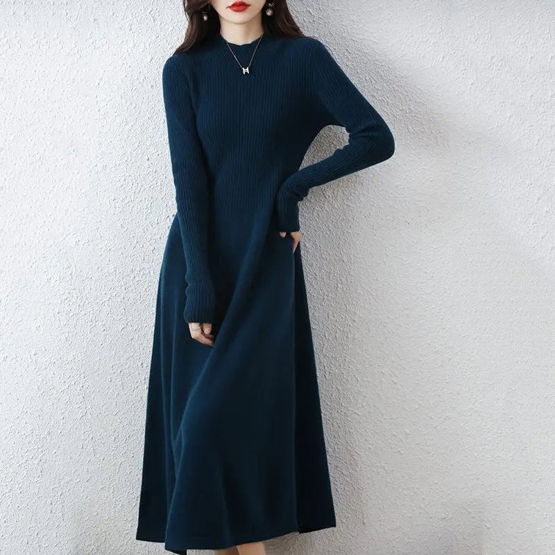 Wool Dress Long Cashmere Waist Over Knee