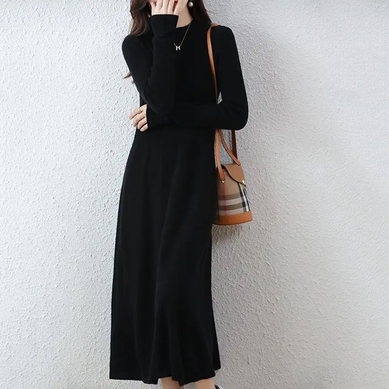 Wool Dress Long Cashmere Waist Over Knee